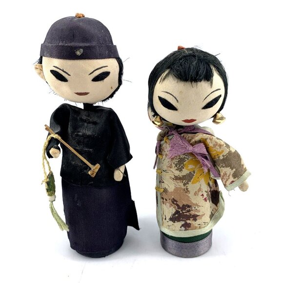 Asian Hand Made Folk Art Doll Family Wood Silk Cloth 6" Lot of 2 Vintage - Picture 1 of 11